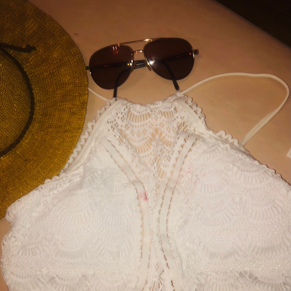 NWOT, form fitting, mesh, lace halter white suit
